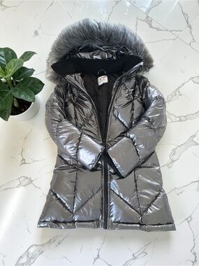 Appaman Metallic Silver Girls' Puffer Coat with Faux Fur Hood